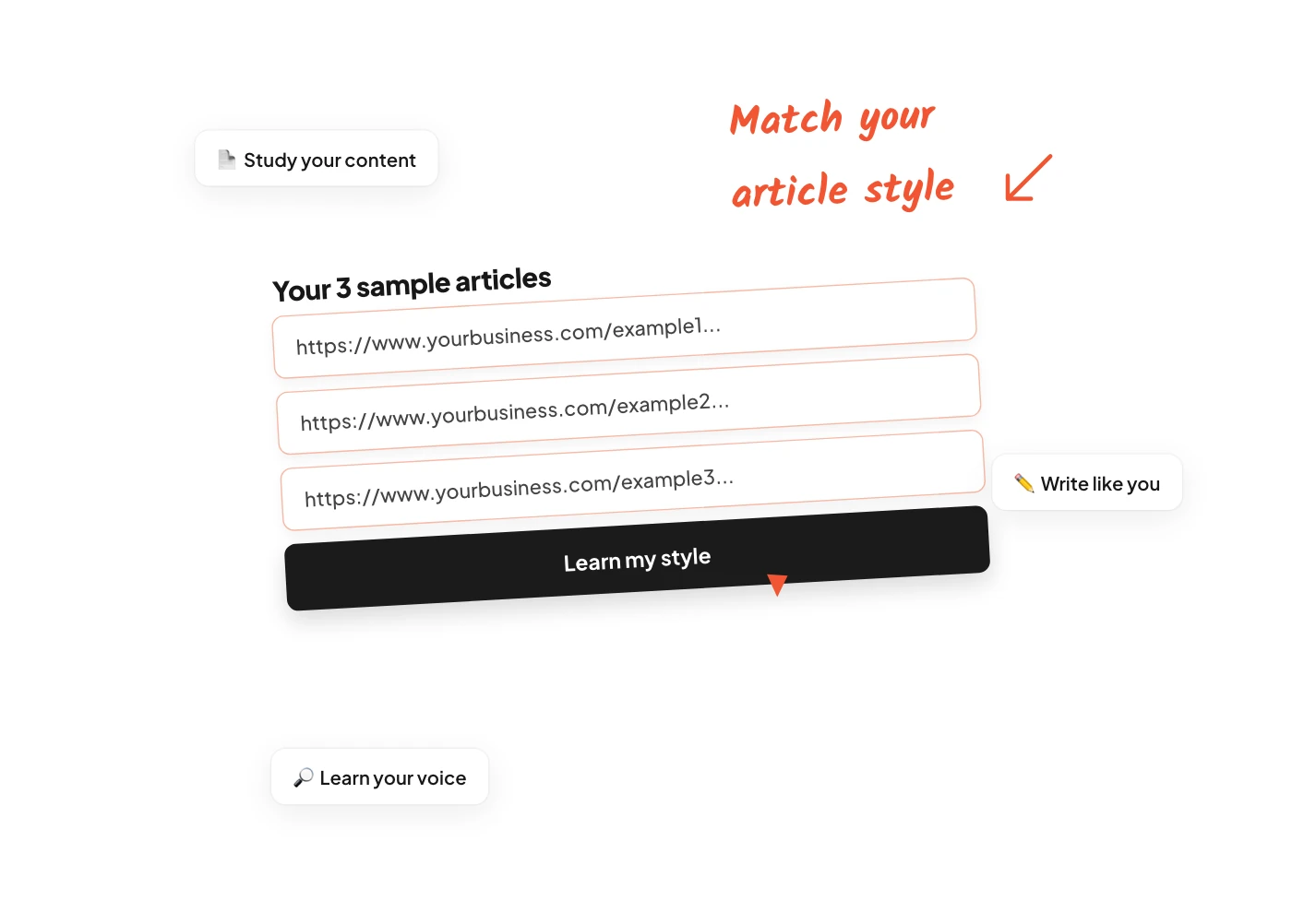 Oron learns your writing style: paste three sample articles and the learn-my-style button starts the analysis