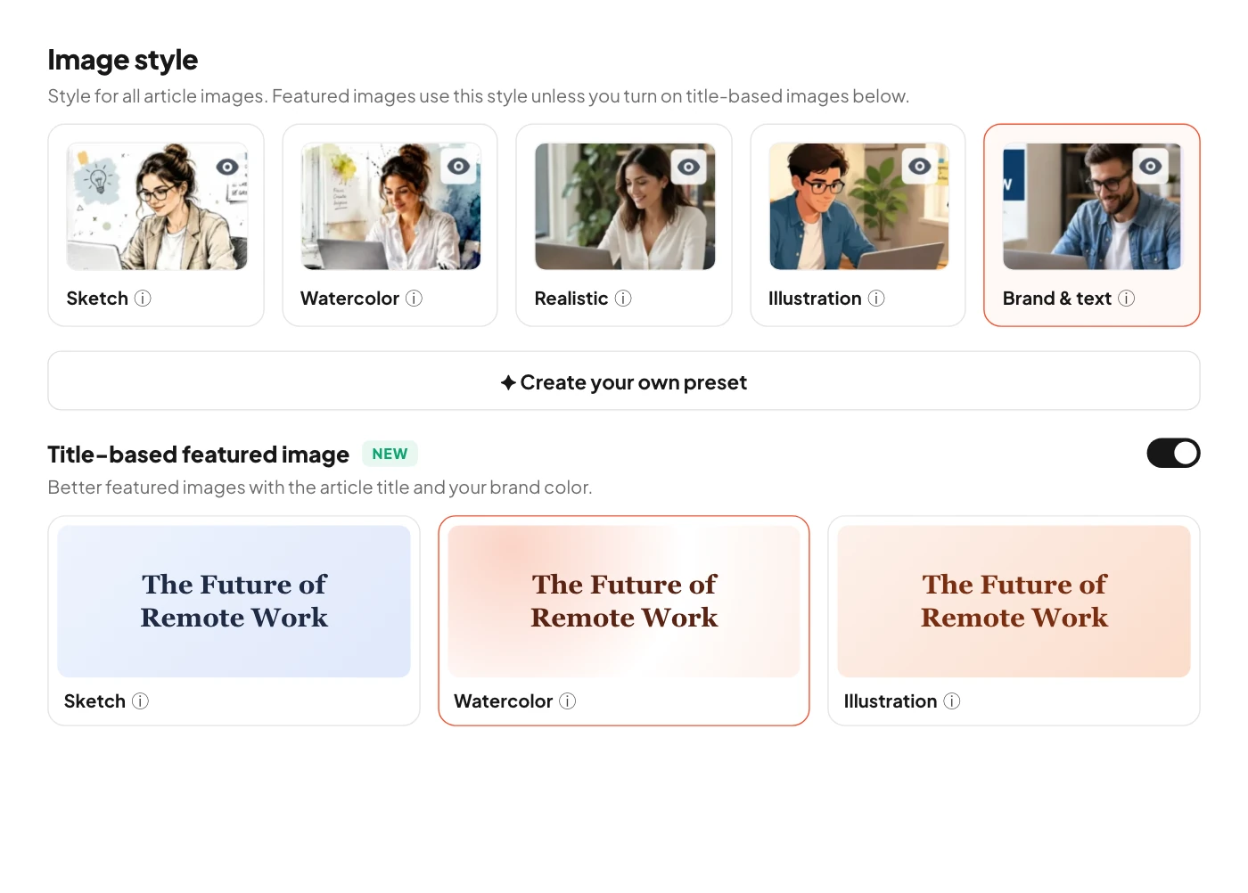 Image style picker in Oron: sketch, watercolor, realistic, illustration and branded with text