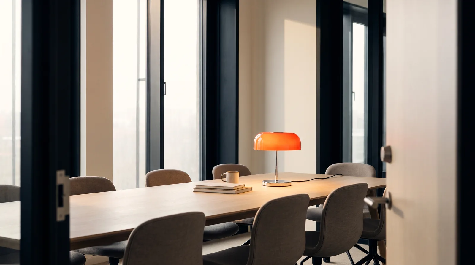 An empty meeting room with a single orange desk lamp glowing on the table